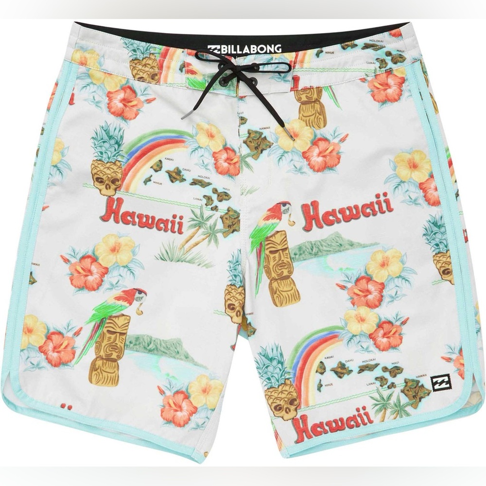 Billabong Men’s Board Shorts Sz 31 9” Hawaii Islands Print Surf Beach EUC